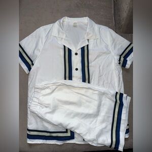 SHEIN’s Boys White Short Sleeve Button Shirt with Navy & Green Stripes